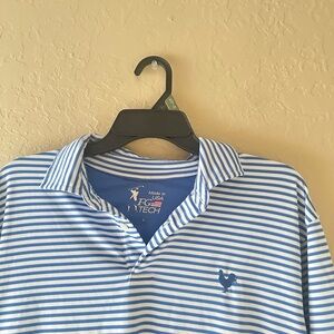 FG Tech Blue White Striped Short Sleeve Golf Stretch Polo Shirt Size L USA Made